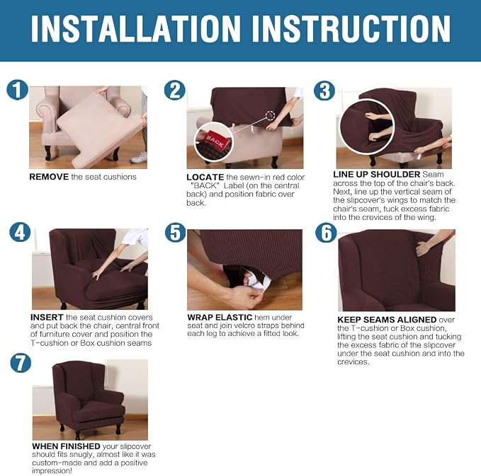 H.VERSAILTEX 2 Piece Stretch Jacquard Wingback Chair Covers Slipcovers Wing Chair Covers (Base Cover Plus Seat Cushion Cover) Furniture Covers for Wingback Chairs, Form Fitted Thick Soft, Chocolate