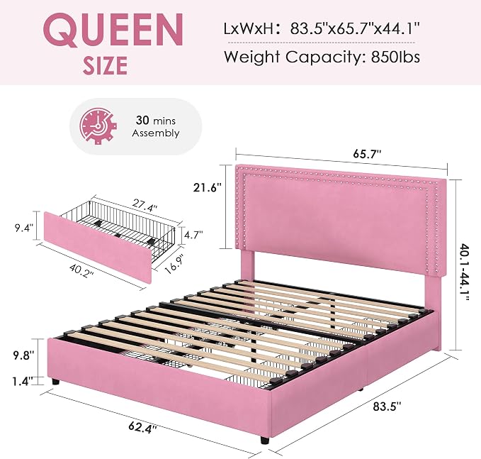 VECELO Queen Size Upholstered Bed Frame with 4 Storage Drawers, Adjustable Velvet Rivet Decor Headboard, Wooden Slats Platform Support, No Box Spring Needed, Easy Assembly,Pink