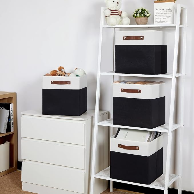 Temary Foldable Storage Cubes Set of 4 - Organizers with Handles, Decorative Storage Boxes for Home, Office (White&Black)