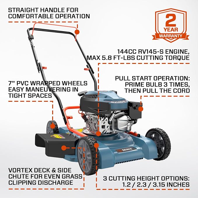 SENIX Gas Lawn Mower, 18" 144 cc Push Mower | Light-weight Design Push Mower,Ergonomically Designed Handle, 4-Cycle Engine, 3 Levels Height Adjustment for 1/4 Acre Yard