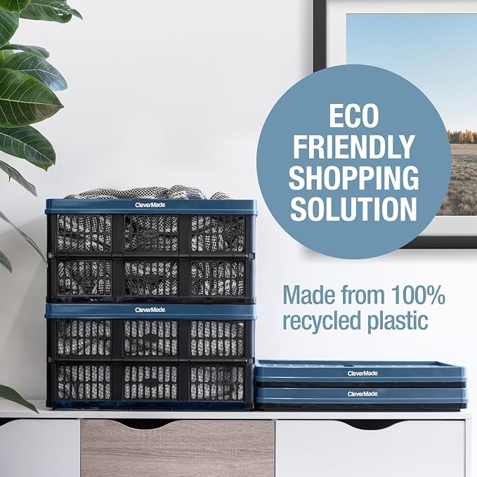 CleverMade Collapsible Utility Crates, 45L, 3 Pack, Ocean | Interlocking crates stack open or folded and carry 66 lb each. Side handles make groceries, tools, and gear easier to move.
