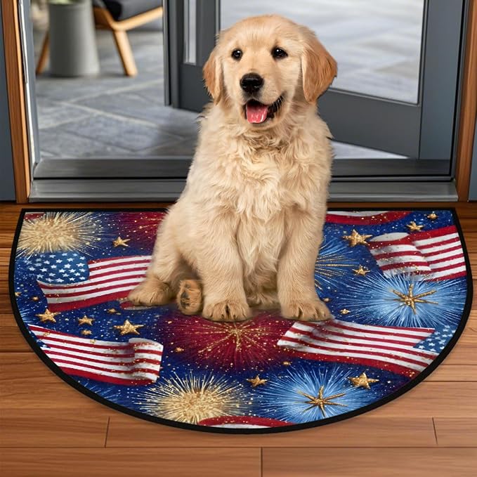 Flag American Half Round Door Mat Semi Moon Rug Fireplace Carpet Area Rugs | American Flag Non Slip Absorbent Half Circle Mat Carpet for Indoor Outdoor Patio Kitchen Bathroom Entryway Home Decor