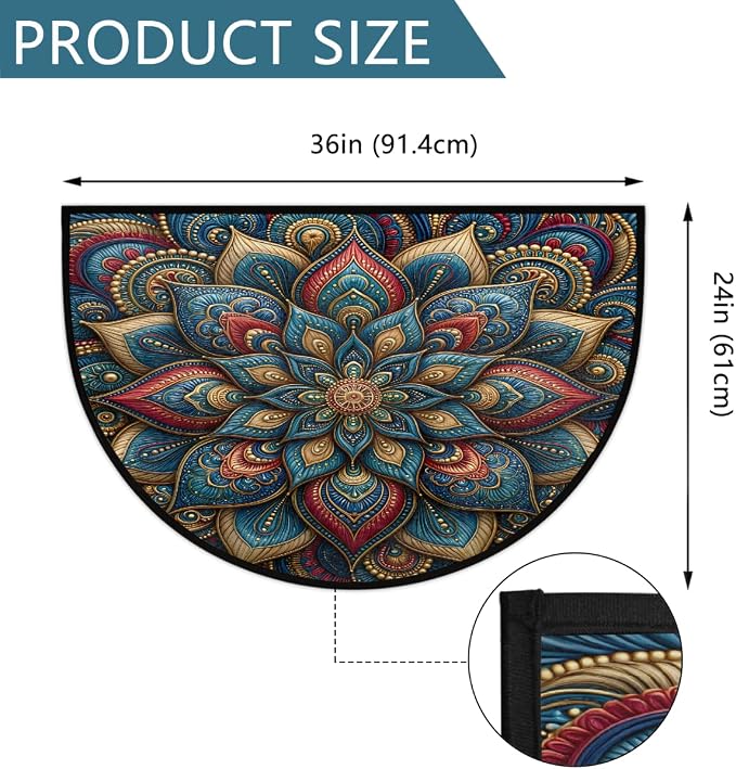 Mandala Half Round Door Mat Semi Moon Rug Fireplace Carpet Area Rugs | Floral Geometric Non Slip Absorbent Half Circle Mat Carpet for Indoor Outdoor Patio Kitchen Bathroom Entryway Home Decor