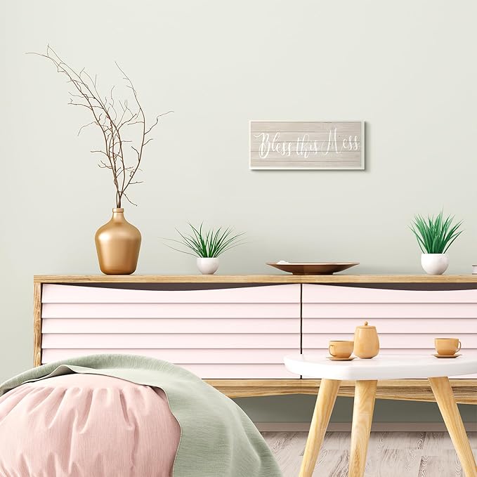 Stupell Industries Bless This Mess Family Home Inspirational Word Textured Wood Design Wall Plaque Art by Anna Quach, 7 x 0.5 x 17, Multi-Color