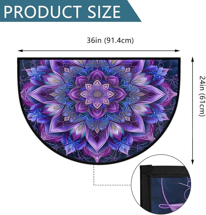 Purple Half Round Doormat Semi Circle Rug Half Moon Rug Entryway Mat | Mandala Flower Washable Non Slip Outdoor Floor Rug Kitchen Mat for Indoor Outdoor Bathroom Fireplace Bath Decor