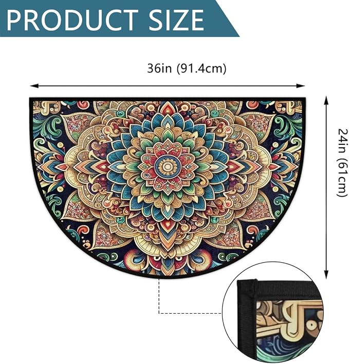 Mandala Rainbow Half Moon Rug Mandala Flower Rainbow Ethnic Half Round Door Mat Washable Half Circle Area Rugs Indoor Entrance Non Slip Semi Circle Bathroom Rugs Floor Carpet for Kithen Bedroom Decor