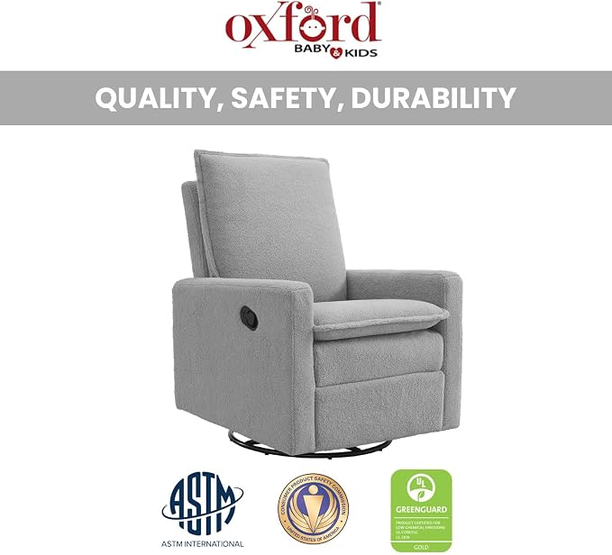 Oxford Baby Uptown Upholstered Glider Recliner Rocking Chair 360° Swivel for Nursery and Living Room - Boucle Koala Gray, Green Guard Gold Certified