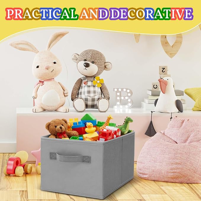 Yinder 4 Pcs Cube Storage Bin Gray 14''x10''x8'' Storage Bins for Playroom Decor Colorful Bins for Kids Foldable Baskets for Nursery Organizer Boxes Fabric Boxes