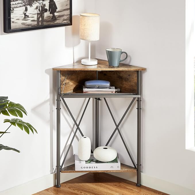 VECELO Corner Cabinet/Table, 3-Tier Display Shelves with Protection Door, Metal Frame Storage Shelf Organizer for Small Space, Living Room, Kitchen, Bathroom