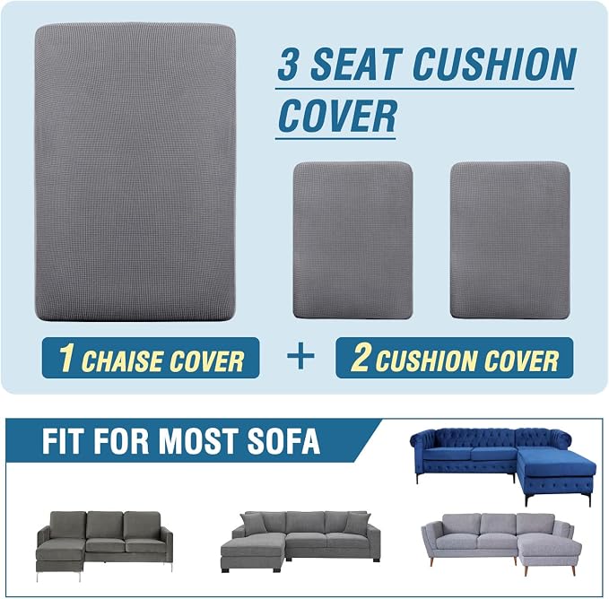 H.VERSAILTEX Sectional Couch Covers 3 Pieces Sofa Seat Cushion Covers L Shape Separate Cushion Couch Chaise Cover for Both Left/Right Sectional Couch (Seat Only: 1 Chaise + 2 Sofa, Dove)