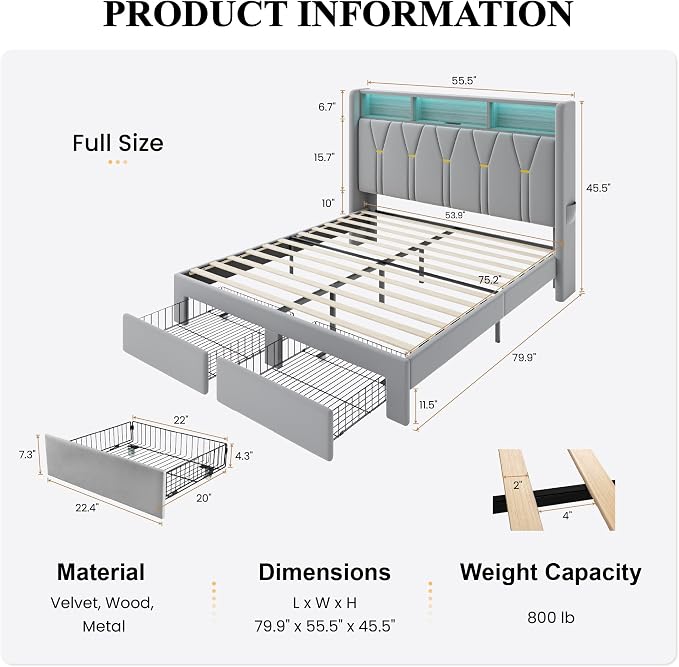 SHA CERLIN Full Velvet Platform Bed Frame with 2 Storage Drawers, LED Storage Headboard with Charging Station, Upholstered Wingback Headboard, Noise-Free, No Box Spring Needed, Easy Assembly, Grey
