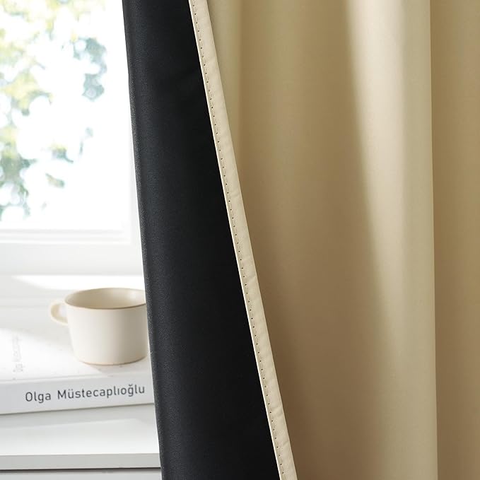 RYB HOME 100% Blackout Bathroom Curtains Over Sink 30 inches Long, Heat & UV Blocking Total Room Darkening Noise Reducing Curtains for Basement RV Campers, Biscotti Beige, 2 Panels Set