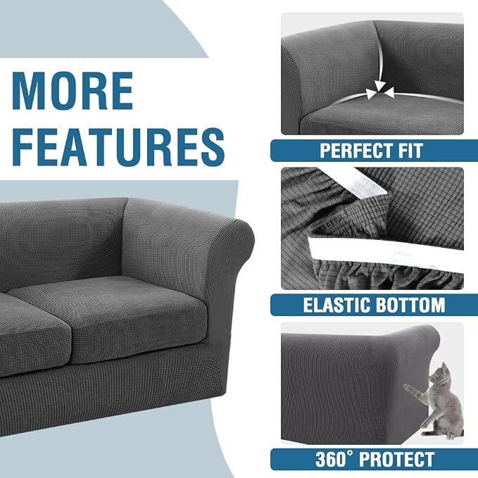 H.VERSAILTEX 4 Piece Sofa Cover Stretch Couch Covers for 3 Cushion Couch Sofa Traditional Chesterfield Sofa Covers (Base Cover Plus 3 Seat Cushion Covers) Thicker Jacquard Fabric (Large Sofa, Grey)