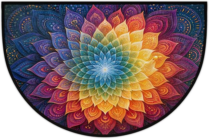 Rainbow Half Round Door Mat Semi Moon Rug Fireplace Carpet Area Rugs | Mandala Color Non Slip Absorbent Half Circle Mat Carpet for Indoor Outdoor Patio Kitchen Bathroom Entryway Home Decor