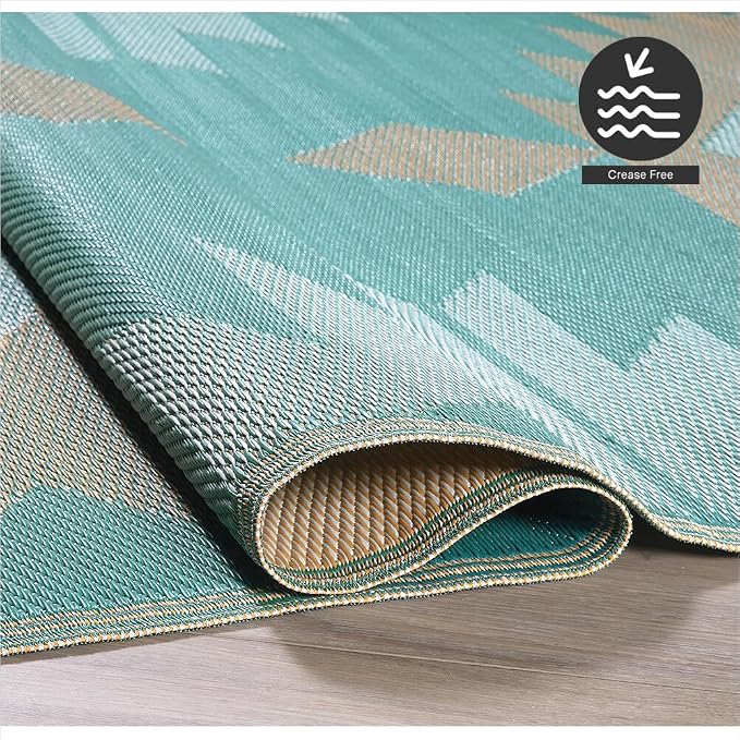 FH Home Outdoor Rug - Waterproof, Fade Resistant, Reversible - Premium Recycled Plastic - Geometric - Patio, Deck, Porch, Balcony - Bursa Kilim - Teal Crease Free - 6 x 9 ft