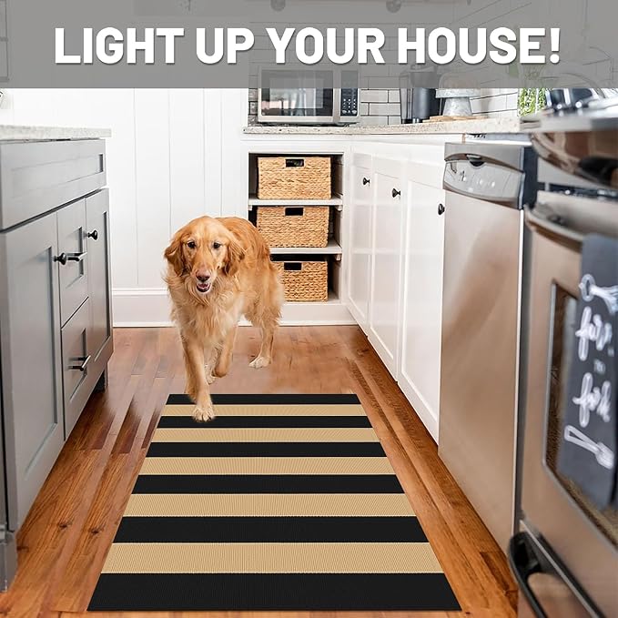 IOHOUZE Black Tan Striped Rug 27.5" X 43" Front Door Mats Outdoor, Washable Rug for Front Porch Decor, Spring Summer Welcome Mats Outdoor Indoor, Doormat for Farmhouse/Entryway/Home Entrance