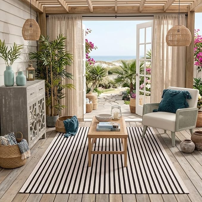 LEEVAN Black and White Striped Patio Outdoor Rug 5x8, Washable Living Room Bedroom Area Rug, Soft Cotton Blend Sturdy Carpet for Kitchen, Dining Room, Playroom, Mudroom, Sunroom