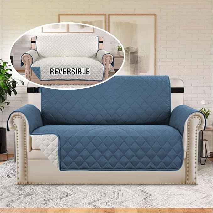 H.VERSAILTEX Loveseat Slipcover Reversible Loveseat Cover Seat Width Up to 46" Water Resistant Couch Cover with Elastic Strap Quilted Furniture Protector for Pets(Loveseat, Dark Blue/Beige)