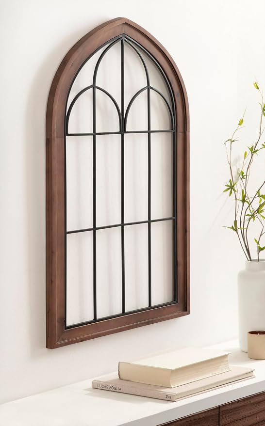 Kate and Laurel Rennell Farmhouse Arched Wall Art Plaque; 19 x 36; Walnut Brown and Black; Wood and Metal Windowpane Wall Decor for Use as Fireplace Mantel Decor or Entryway Wall Accent
