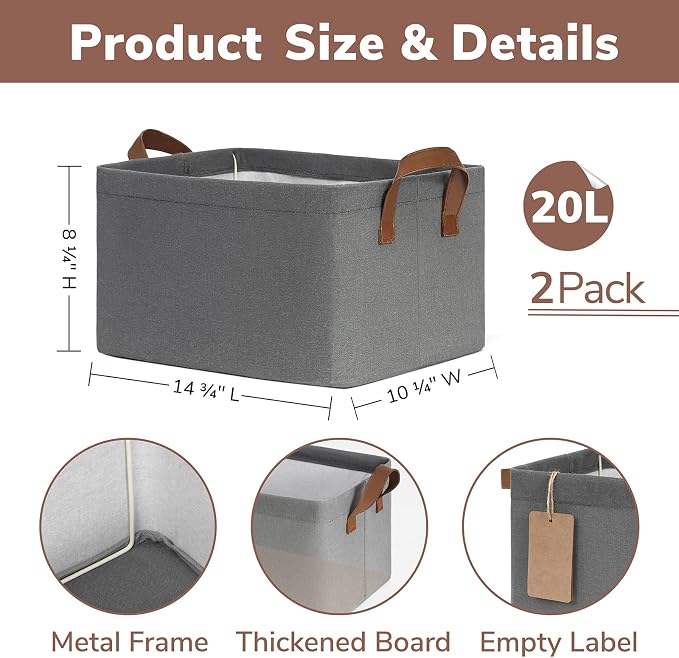 CHICVITA 20L Fabric Storage Baskets for Shelves, Metal Frame, 2-Pack, Grey | 14 ¾" L x 10 ¼" W x 8 ¼" H, Leather Handles, Clothes, Towels & Shoes Storage, Closet, Bedroom & Entryway Organization