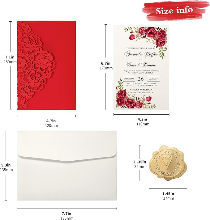 DORIS HOME 50Pcs Personalized Laser Cut Wedding Invitations, Red | 4.7"x7.1", Customized Anniversary Invitations, With Envelopes