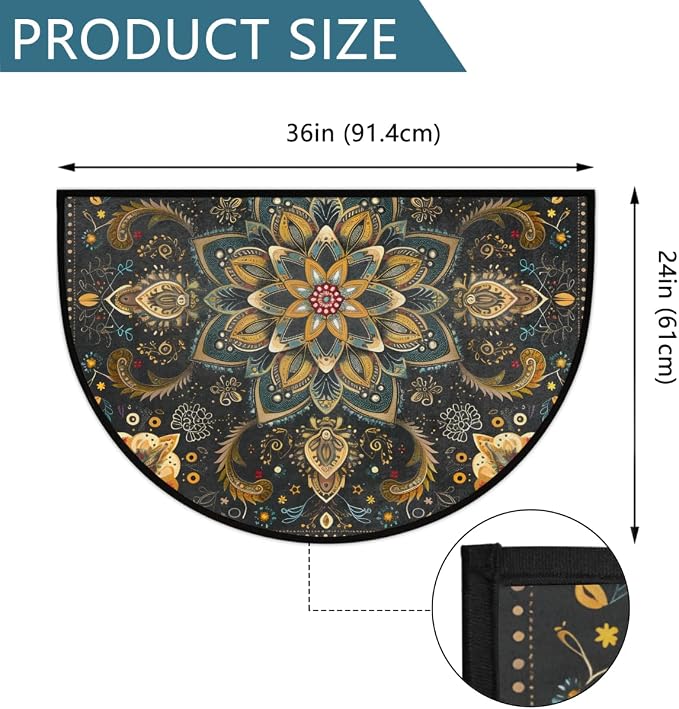 cfpolar Half Round Door Mat Ethnic Mandala Boho Flowe Non-Slip Semi Circle Area Rug Washable Half Moon Hearth Rugs for Indoor Outdoor Bathroom Kitchen Patio Runner Mat Laundry Room Home Decoration