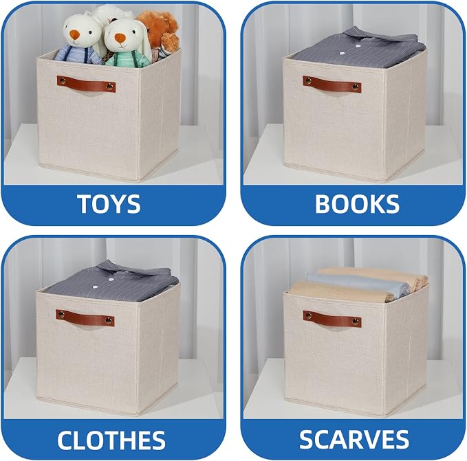 Temary 11x11 Storage Cubes Fabric Storage Cubes Storage Bins with Dual Leather Handles Canvas Storage Boxes for Organizing Home, Shelf, Closet (Beige, 11 x 11 x 11)