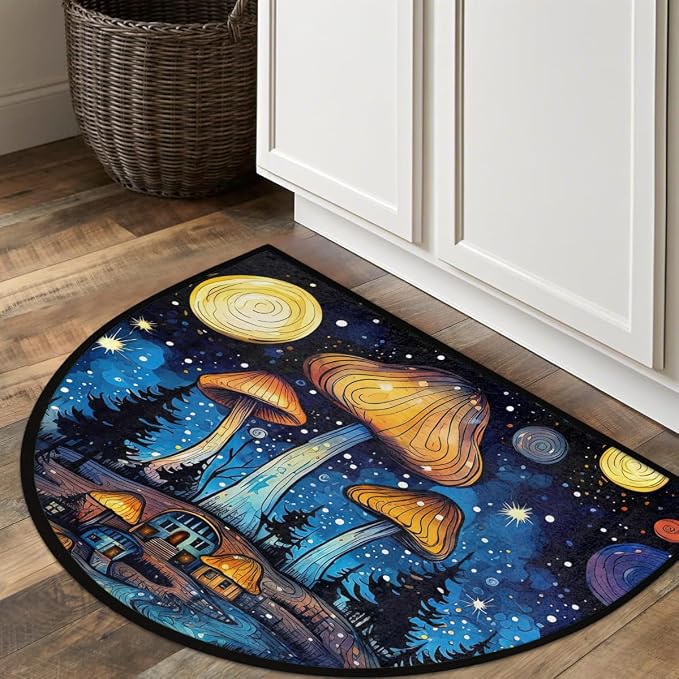 Mushroom Sky Half Round Door Mat Non-Slip Semi Circle Rug Half Moon Doormat | Mushroom Starry Sky Soft Washable Welcome Entrance Mat for Outdoor Indoor Floor Bedroom Bathroom Home Kitchen Festival Decor