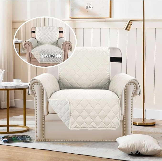 H.VERSAILTEX Chair Slipcover Reversible Chair Cover Water Resistant Couch Cover Washable Chair Cover Non-Slip Fabric Furniture Protector with Elastic Strap for Pets(Armchair, Ivory/Beige)