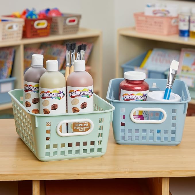 Really Good Stuff Medium Plastic Book Baskets, 11" by 7.5" by 4.5", 6-Pack | Boho Group Colors, Versatile Storage Solution for Classroom, Home, and Office