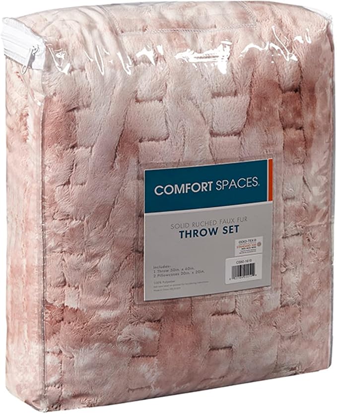 Comfort Spaces Ruched Throw Set Faux Fur Blanket, 50 x 60, Blush Tie Dye | Ultra Soft, Cozy Warmth for Sofa or Bed, Plush, OEKO-TEX Certified