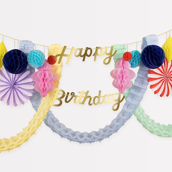 Meri Meri Honeycomb Happy Birthday Banner (Pack of 1), 2 Strands | 9' Birthday Party Garland (13' Including Excess Cord), Meri Meri Garland for Party Decorations, Reusable