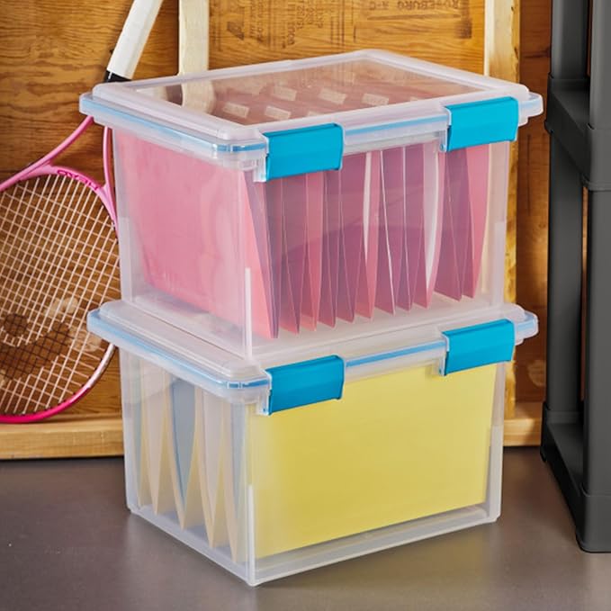 Sterilite Gasket Storage Box with Lids for Home & Office, 32 Quart, 16-Pack | Heavy-Duty, Stackable, and Organizing Containers for Bathroom, Cabinet, Closet, and Garage, Clear and Blue Aquarium Latches