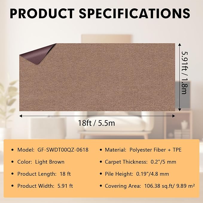Grefinity Marine Carpet,6 FT x 18 FT Light Brown Indoor Outdoor Carpet 0.2" Thick Boat Rug with Water-Proof TPE Backing for Home, Patio, Porch, Deck