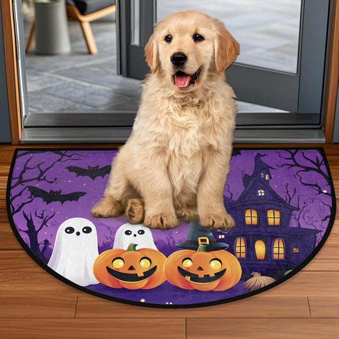 Halloween Half Round Door Mat Outdoor Doormat Bedroom Entrance Rug A1 | Halloween Pumpkin Ghosts Semi Moon Door Mat Non-Slip Absorbent Kitchen Rug Indoor Welcome Bath Mat 36" X 24"