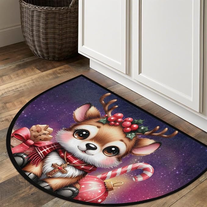 Christmas Half Round Doormat Non-Slip Semi Circle Rug Half Moon Mat | Deer Xmas Washable Soft Absorbent Indoor Outdoor Entrance Kitchen Bathroom Sink Patio Welcome Fireplace Floor Rug