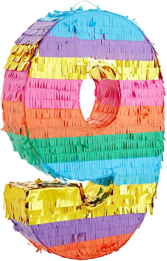 BLUE PANDA Rainbow Number 9 Pinata - 16.5 x 11.4 x 3 in, Multi-Color for 9th Birthday, Fiesta Party Supplies, Party Favors & Rainbow Birthday Decor