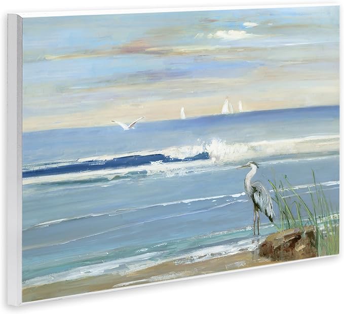 Heron Splashing Beach Waves, 13 x 19 Inch Mounted Print on Wall Plaque | Stupell Industries · By Sally Swatland · Ready to hang · Coastal nature charm for living room or office · Made in USA