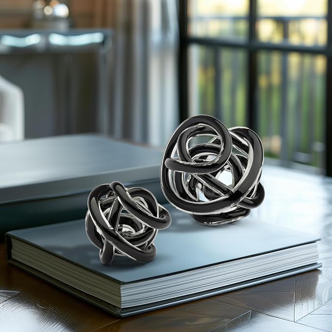 Torre & Tagus Orbit Hand Blown Glass Infinity Knot Sculpture - 3 Inch Glass Art Black Knot Decor Ball for Home Decor, Small Centerpiece Table Decoration for Home Interior (Solid Black)