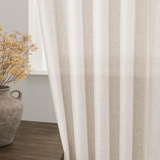 Nanspring Tan Beige Linen Curtains 95 inch Length for Living Room 2 Panel Set Burlap Textured Semi Sheer Linen Drapes Rustic Country Window Treatment Farmhouse Drop Cloth Curtain for Dinning Room
