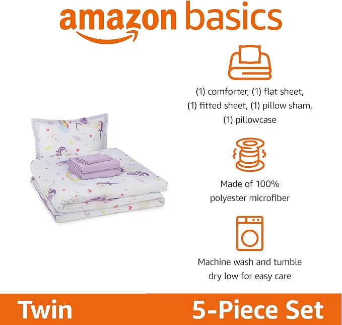 Amazon Basics 5-Piece Soft, Easy-Wash Microfiber Kid's Bed-in-a-Bag Bedding Set with Sheet and Comforter, Twin, Unicorn Print