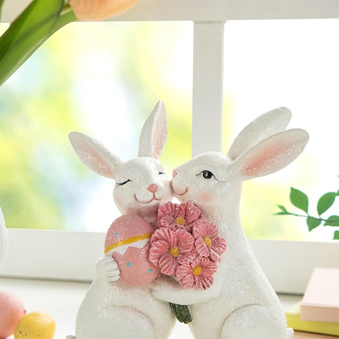 Glitzhome Resin Easter Bunny Figurines Table Decors for Spring Easter Party Supplies Props, 7''H