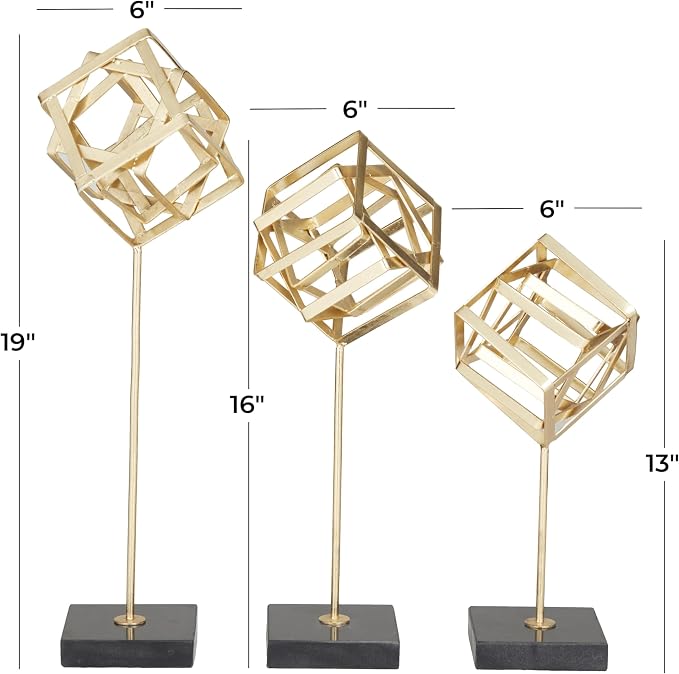 CosmoLiving by Cosmopolitan Marble Geometric Decorative Sculpture Home Decor Statues with Marble Base, Set of 3 Accent Figurines 19", 16", 13"H, Gold
