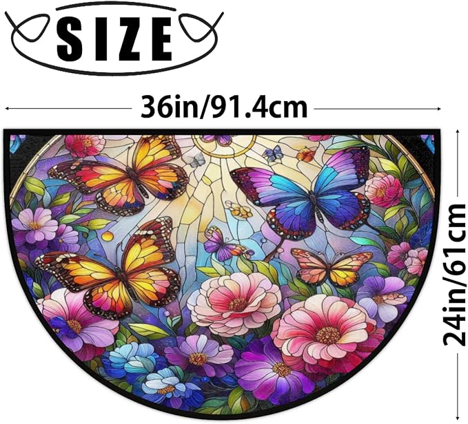 Half Round Doormat Colored Butterfly Flowers Non Slip Half Circle Area Rugs Indoor Washable Half Moon Rug Semi Circle Bathroom Runner Mat Entrance Floor Carpet for Kithen Bedroom Fireplace Decor