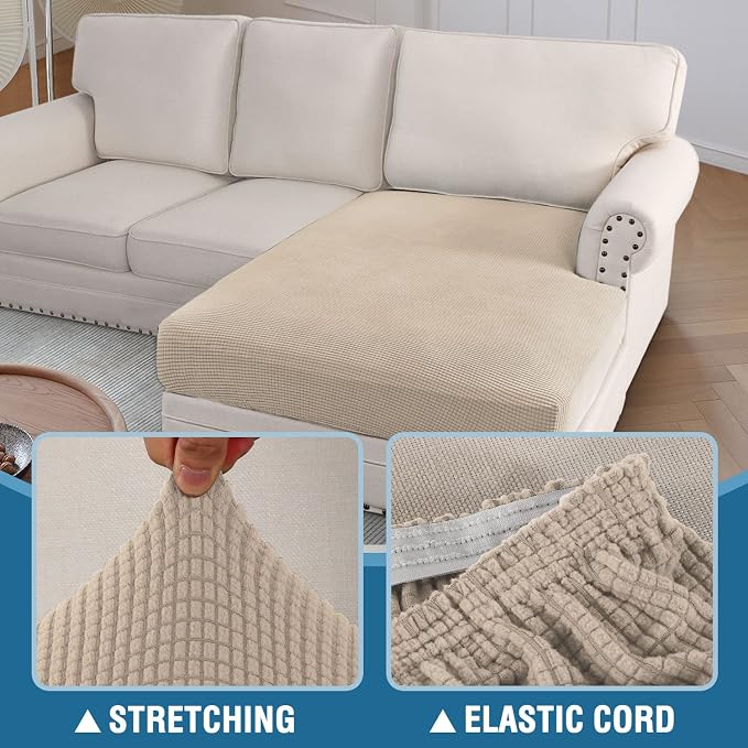 H.VERSAILTEX Sectional Couch Covers 1 Piece Chaise Slipcover L Shape Separate Cushion Couch Cover for Both Left/Right Sectional Couch (Seat Only: 1 Chaises, Natural)