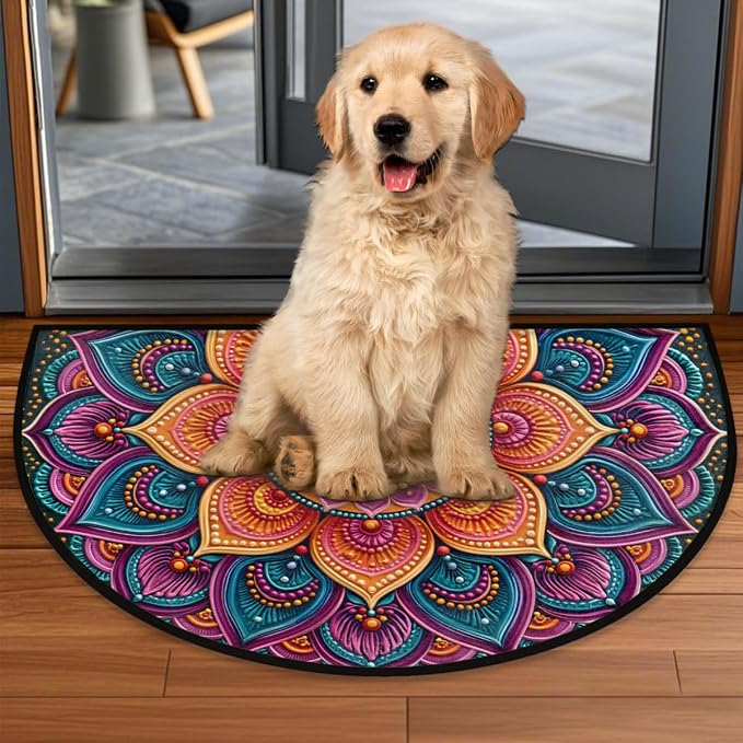 Flower Half Round Door Mat Semi Circle Rug Half Moon Doormat | Soft Washable Colorful Boho Welcome Entrance Mat for Outdoor Indoor Floor Bedroom Bathroom Home Kitchen Festival Decor