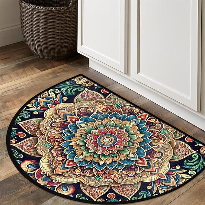 Mandala Rainbow Half Moon Rug Mandala Flower Rainbow Ethnic Half Round Door Mat Washable Half Circle Area Rugs Indoor Entrance Non Slip Semi Circle Bathroom Rugs Floor Carpet for Kithen Bedroom Decor