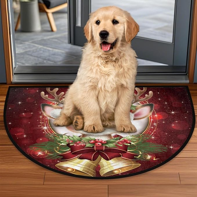 cfpolar Christmas Deer Bells Holly Half Round Door Mat Outdoor Entrance Large 24"x36" Half Circle Welcome Entrance Way Mat Semi Circular Front Door Mat Area Rug for Garage, Patio, High Traffic Areas