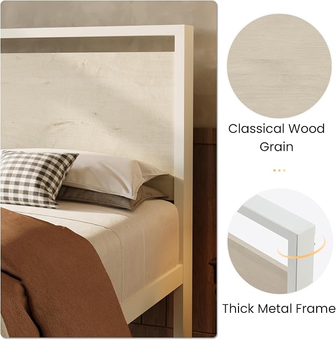 SHA CERLIN 14 Inch Full Metal Platform Bed Frame with Wooden Headboard and Footboard, No Box Spring Needed, Large Under Bed Storage, Heavy Duty Slats Support, White Washed Oak