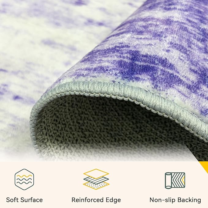 Washable Area Rugs 9'x12' Non-Slip Modern Abstract Soft for Living Room Entryway Bedroom Nursery, Print Pattern, Purple Gray Pink White